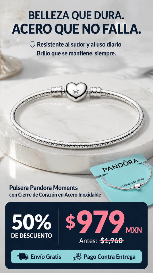 Pulsera Pandora Moments con Cierre de Corazón en Acero Inoxidable
